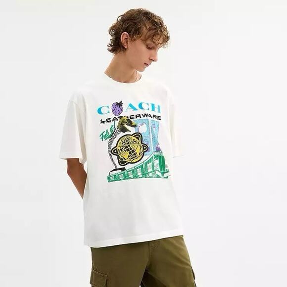 NWT COACH Collage Train Relaxed T-Shirt In Organic Cotton Vintage Ivory CCA57 XL